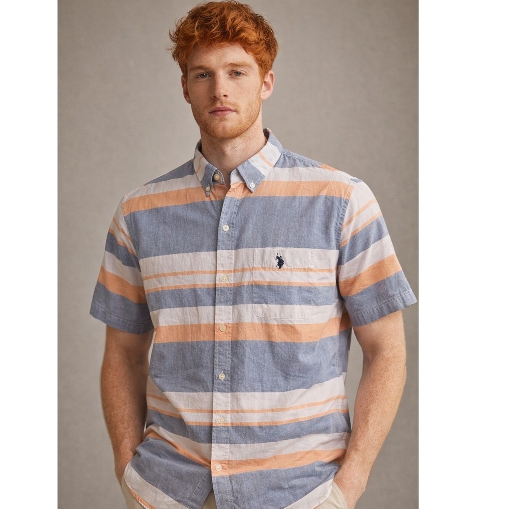 U.S. Polo Assn. Shirt Mens Large Short Sleeve Button Down Striped Casual White